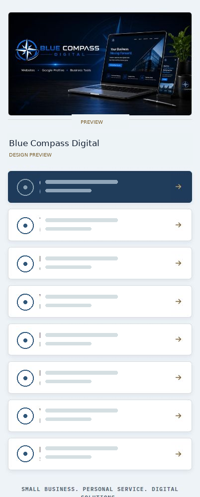 Static phone preview of the Blue Compass Digital design
