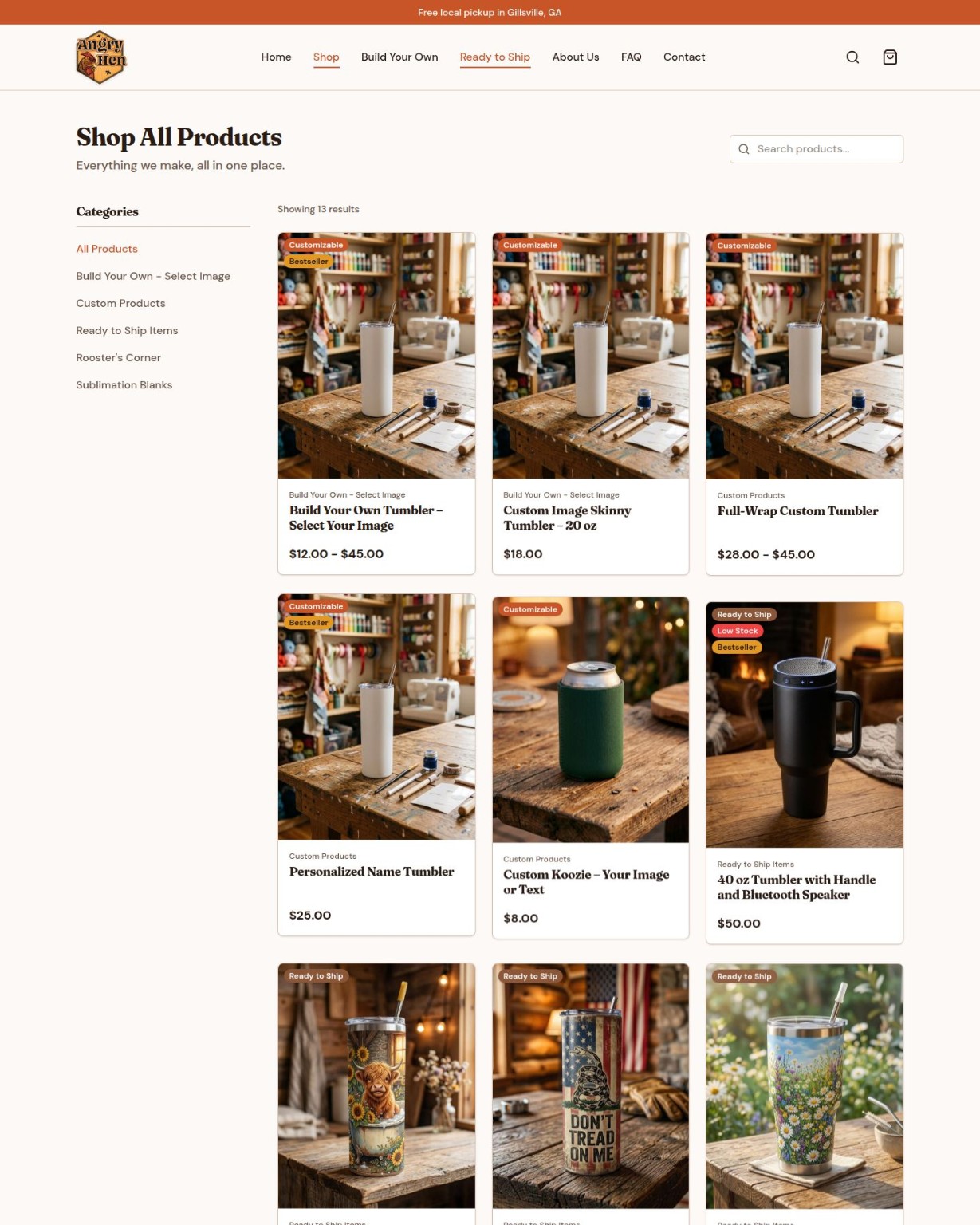 Angry Hen store homepage