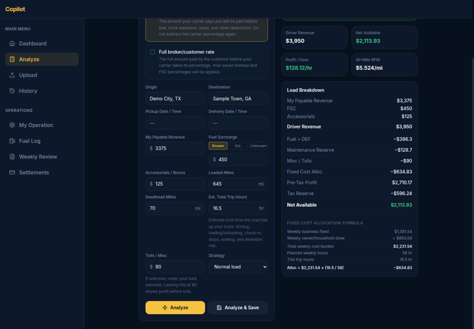 Copilot Load Analyzer showing revenue, costs, and net available profit