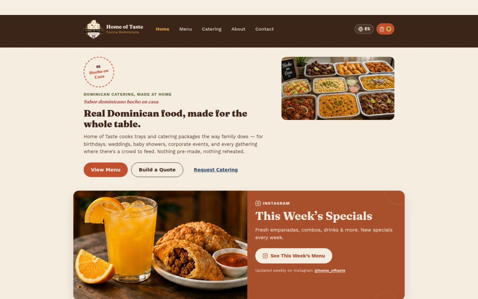 Home of Taste customer-facing catering website homepage