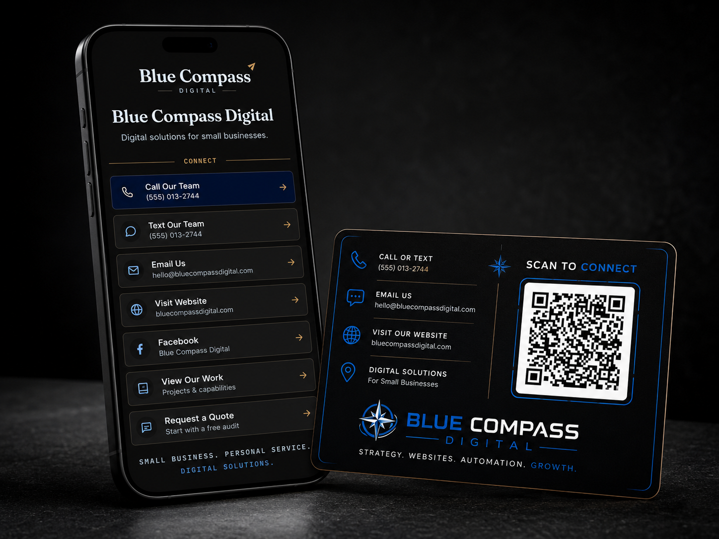 Smart Business Cards presentation showing a phone, physical business card, and QR code