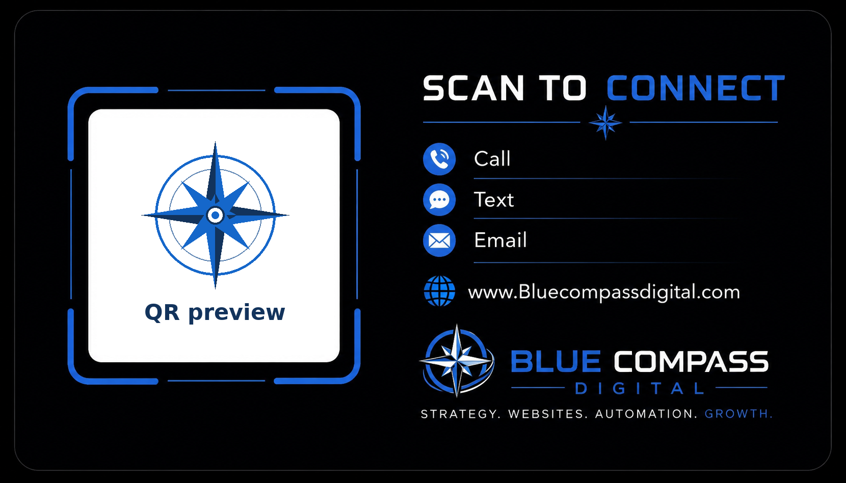 Blue Compass Digital business card website preview with a decorative compass in place of the QR code